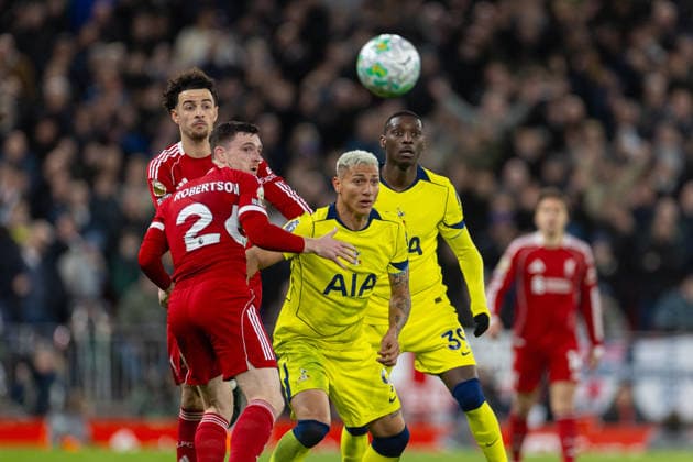 Football - FA Premier League - Liverpool FC v Tottenham Hotspur FC LIVERPOOL, ENGLAND - Sunday, March 15, 2026: Liverpool s Andy Robertson and Tottenham Hotspur s Richarlison de Andrade (R) during the FA Premier League match between Liverpool FC and Tottenham Hotspur FC at Anfield. (Photo by David Rawcliffe Propaganda) LIVERPOOL Anfield MERSEYSIDE ENGLAND  Copyright: xDavidxRawcliffex P2026-03-15-Liverpool_Tottenham-118
