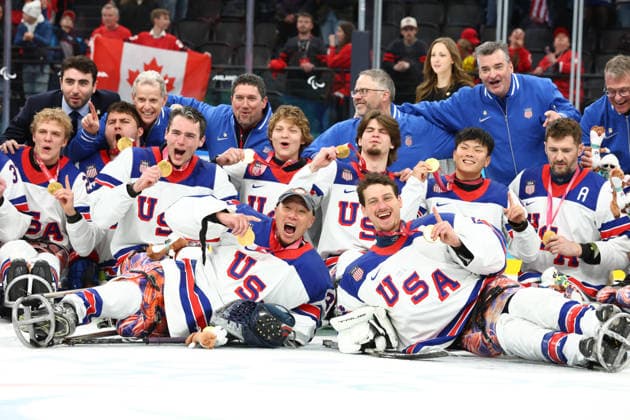 March 15, 2026, Milan, Lombardy, Italy: TEAM USA PLAYERS of whom final mvp JACK WALLACE, goalie GRIFFIN LAMARRE pose with their gold medals after the Final game between Team United States (USA) and Team Canada (CAN) at the Milano Cortina 2026 Paralympic Winter games, Winterspiele,Spiele, Summer games USA defeated Canada 6:2 and won the Gold. Milan Italy - ZUMAc179 20260315_oly_c179_036 Copyright: xMickaelxChavetx