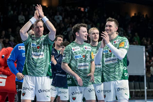 15.03.2026, xlakx, Handball Daikin HBL, Fuechse Berlin - HC Erlangen v.l. Max Darj (Fuechse Berlin), Hakun West Av Teigum (Fuechse Berlin), Lasse Andersson (Fuechse Berlin) Jubel ueber den Sieg, Jubel nach Spielende Berlin