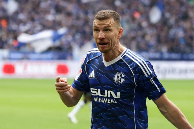 Gelsenkirchen, Germany, 15.03.26, Edin Dzeko (FC Schalke 04) jubelt nach seinem Tor zum 1:0 während des Spiels der 2. Bundesliga zwischen FC Schalke 04 - Hannover 96 in der Veltins Arena in Gelsenkirchen. (Photo by Joachim Bywaletz) DFB DFL REGULATIONS PROHIBIT ANY USE OF PHOTOGRAPHS AS IMAGE SEQUENCES AND OR QUASI-VIDEO.