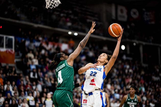 LYON-VILLEURBANNE, FRANCE - MARCH 15: Marieme Badiane (France, 22) shoots the ball over Elizabeth Balogun (Nigeria, 4) during the FIBA Women™s World Cup Qualifying Tournament match between France (FRA) vs. Nigeria (NGR) at Astroballe on matchday 4 of the FIBA Women™s World Cup Qualifying Tournament on March 15, 2026 in Lyon-Villeurbanne, France. France Copyright: xSteffiexWunderlx