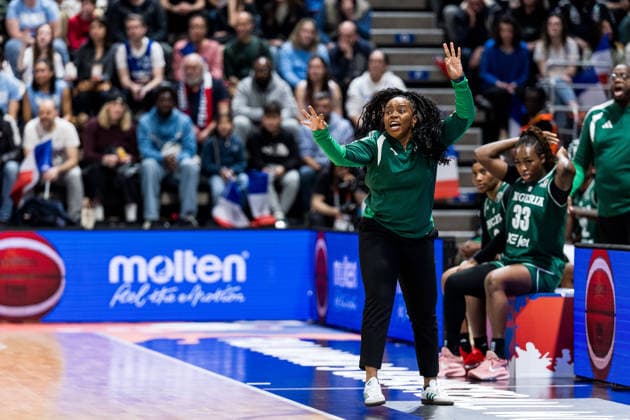 LYON-VILLEURBANNE, FRANCE - MARCH 15: Rena Wakama (Head Coach Nigeria) gestures during the FIBA Women™s World Cup Qualifying Tournament match between France (FRA) vs. Nigeria (NGR) at Astroballe on matchday 4 of the FIBA Women™s World Cup Qualifying Tournament on March 15, 2026 in Lyon-Villeurbanne, France. France Copyright: xSteffiexWunderlx