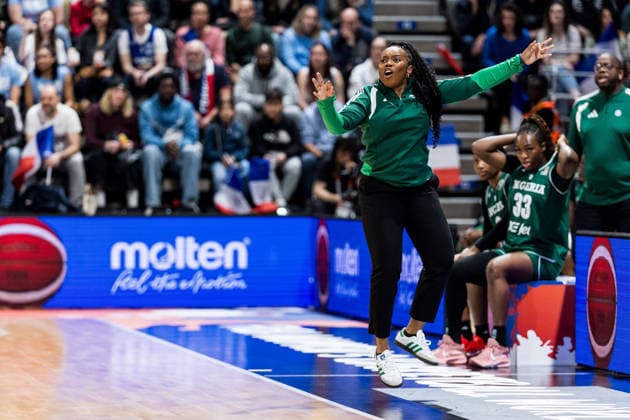 LYON-VILLEURBANNE, FRANCE - MARCH 15: Rena Wakama (Head Coach Nigeria) jumps and gestures during the FIBA Women™s World Cup Qualifying Tournament match between France (FRA) vs. Nigeria (NGR) at Astroballe on matchday 4 of the FIBA Women™s World Cup Qualifying Tournament on March 15, 2026 in Lyon-Villeurbanne, France. France Copyright: xSteffiexWunderlx