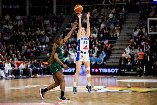 LYON-VILLEURBANNE, FRANCE - MARCH 15: Marine Johannes (France, 23) shoots the ball during the FIBA Women™s World Cup Qualifying Tournament match between France (FRA) vs. Nigeria (NGR) at Astroballe on matchday 4 of the FIBA Women™s World Cup Qualifying Tournament on March 15, 2026 in Lyon-Villeurbanne, France. France Copyright: xSteffiexWunderlx