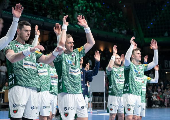 15.03.2026, xlakx, Handball Daikin HBL, Fuechse Berlin - HC Erlangen v.l. Mijajlo Marsenic (Fuechse Berlin), Max Darj (Fuechse Berlin), Lasse Andersson (Fuechse Berlin), Matthes Langhoff (Fuechse Berlin), Jubel ueber den Sieg, Jubel nach Spielende Berlin
