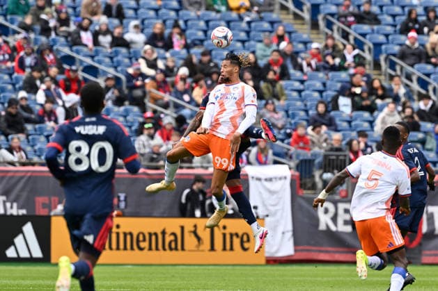 March 15, 2026; Foxborough, Massachusetts; FC Cincinnati forward Ayoub Jabbari (99) heads the ball during the first half against the New England Revolution at Gillette Stadium. CSM Foxborough USA - ZUMAc04_ 20260315_faf_c04_005 Copyright: xEricxCanhax