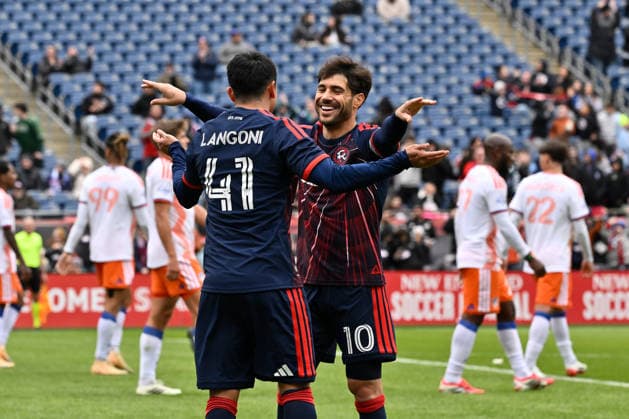 March 15, 2026; Foxborough, Massachusetts; New England Revolution forward Luca Langoni (41) and midfielder Carles Gil (10) celebrate the team s goal against the FC Cincinnati during the first half at Gillette Stadium. CSM MLS, Fussball Herren, USA 2026: FC Cincinnati Vs Revolution MAR 15  - ZUMAc04_ 20260315_faf_c04_007 Copyright: xEricxCanhax