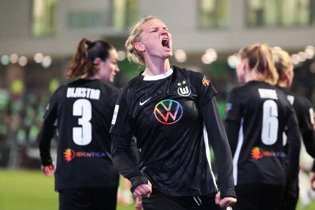 VfL vs. Leverkusen, BL Frauen Wolfsburg, 15.03.2026, Fußball, Frauen, Google Pixel Bundesliga, Saison 2025 2026, VfL Wolfsburg vs Bayer 04 Leverkusen, Alexandra Popp (VfL Wolfsburg) jubelt nach ihrem Kopfballtor zum 2:0 AOK Stadion Niedersachsen Deutschland