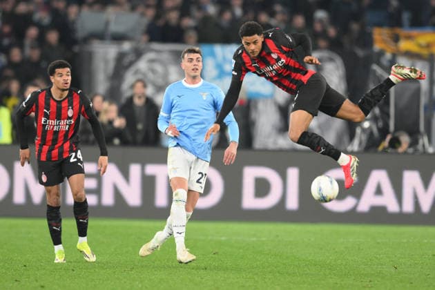 15th March 2026, Stadio Olimpico, Rome, Italy; Italian Serie A Football; Lazio versus AC Milan; Daniel Maldini of SS Lazio under pressure from Koni De Winter of AC Milan  AllShotLive Content restricted for UK based newspaper