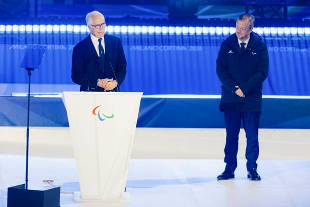 PARALYMPICS - Winter Paralympics Milano Cortina 2026 CORTINA D AMPEZZO,ITALY,15.MAR.26 - PARALYMPICS - Paralympic Winter games, Winterspiele,Spiele, Summer games Milano Cortina 2026, closing ceremony. Image shows Giovanni Malago (Milan-Cortina 2026 Winter Paralympics organising committee) and president Andrew Parsons (IPC).  GEPAxpictures xMatthiasxTrinkl