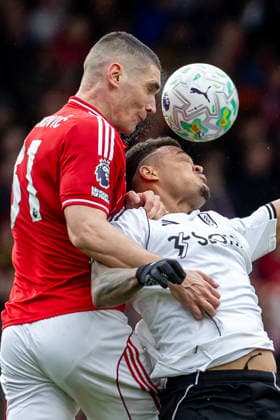 Nottingham Forest v Fulham, Premier League Nottingham Forest defender Nikola Milenkovic (31) heads the ball during the Premier League match between Nottingham Forest and Fulham at the City Ground, Nottingham, UK on 15 March 2026. Nottingham City Ground Nottinghamshire UK Editorial use only DataCo restrictions apply See www.football-dataco.com , Copyright: xManjitxNarotrax PSI-23895-0130