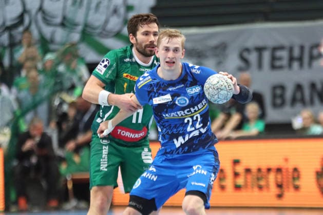 Handball DAIKIN HBL, SC DHfK Leipzig - TVB Stuttgart; 15.03.2026 Torben Matzken (22, TVB Stuttgart) vor Lukas Binder (11, SC DHfK Leipzig). Handball, DAIKIN HBL, 1. Bundesliga, Saison 2025 2026, 25. Spieltag: SC DHfK Leipzig vs. TVB Stuttgart am 15.03.2026 in der Quarterback Immobilien Arena Leipzig. Copyright: xBEAUTIFULxSPORTS JanxKaeferx