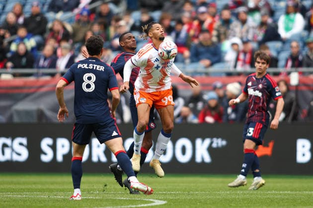 March 15, 2026; Foxborough, Massachusetts, USA; FC Cincinnati forward Ayoub Jabbari (99) chests the ball in a Major League Soccer game between the New England Revolution and FC Cincinnati at Gillette Stadium. (c) CSM - ZUMAc04_ 20260315_zma_c04_028 Copyright: xBurtxGranofskyx