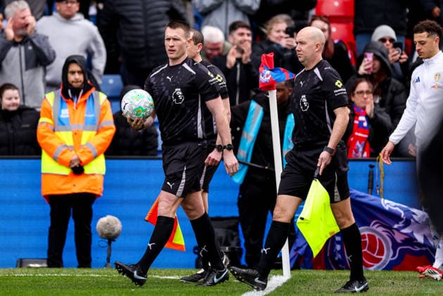 LONDON, ENGLAND - MARCH 15: assistant referee Lee Betts, referee Thomas Bramall and assistant referee Matt Wilkes walk out prior to the Premier League match between Crystal Palace and Leeds United at Selhurst Park on March 15, 2026 in London, England.  Copyright: xRenexNijhuis MBxMediax