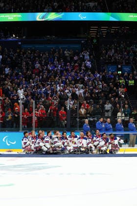 March 15, 2026, Milan, Lombardy, Italy: Team USA players of whom captain JOSH PAULS celebrate with their gold medals after the Final game between Team United States (USA) and Team Canada (CAN) at the Milano Cortina 2026 Paralympic Winter games, Winterspiele,Spiele, Summer games Team USA won 6:2 and their fifth consecutive Para Ice hockey, Eishockey Paralympics 2026: Milano Cortina: USA Make It Five-In-A-Row In Sled Hockey  - ZUMAc179 20260315_oly_c179_136 Copyright: xMickaelxChavetx