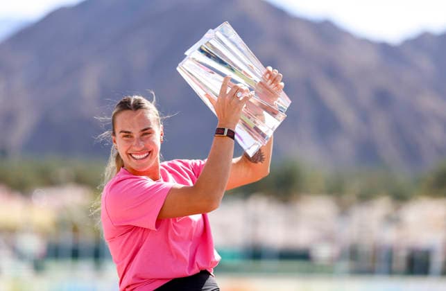March 15, 2026 Aryna Sabalenka poses with the championship trophy after defeating Elena Rybakina of Kazakhstan during their Women s Singles Finals match at the BNP Paribas Open held at the Indian Wells Tennis Garden in Indian Wells, California. Mandatory Photo Credit : CSM Tennis 2026: BNP Paribas Open MAR 15  - ZUMAc04_ 20260315_zma_c04_072 Copyright: xCharlesxBausx