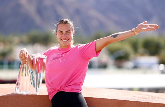 March 15, 2026 Aryna Sabalenka poses with the championship trophy after defeating Elena Rybakina of Kazakhstan during their Women s Singles Finals match at the BNP Paribas Open held at the Indian Wells Tennis Garden in Indian Wells, California. Mandatory Photo Credit : CSM Tennis 2026: BNP Paribas Open MAR 15  - ZUMAc04_ 20260315_zma_c04_080 Copyright: xCharlesxBausx