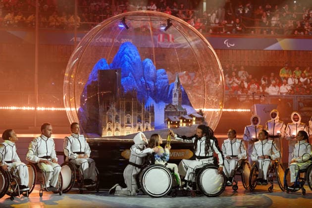 (260316) -- CORTINA D AMPEZZO, March 16, 2026 -- Artists perform during the closing ceremony of Milan-Cortina 2026 Paralympic Winter games, Winterspiele,Spiele, Summer games in Cortina D ampezzo, Italy, March 15, 2026. ) (SP)ITALY-CORTINA D AMPEZZO-PARALYMPIC WINTER GAMES-CLOSING CEREMONY MuxYu 