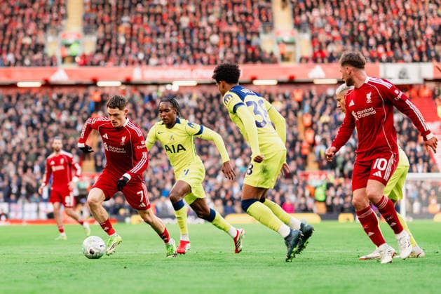 Liverpool v Tottenham Hotspur - Premier League Florian Wirtz of Liverpool in action with Mathys Tel of Tottenham Hotspur during the Premier League match between Liverpool and Tottenham Hotspur at Anfield, Liverpool, on March 15, 2026. Liverpool Merseyside  Copyright: xMIxNewsx originalFilename:fletcher-liverpoo260315_npnj4.jpg