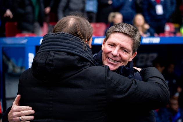 LONDON, ENGLAND - MARCH 15: Leeds United head coach Daniel Farke and Crystal Palace head coach Oliver Glasner interact prior to the Premier League match between Crystal Palace and Leeds United at Selhurst Park on March 15, 2026 in London, England.  Copyright: xRenexNijhuis MBxMediax