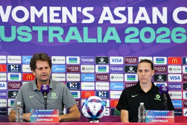 PERTH, AUSTRALIA - MARCH 16: Joseph Montemurro (L), head coach of Team Australia, and player Emily Van-Egmond attend a press conference, PK, Pressekonferenz before the AFC Women s Asian Cup Australia 2026 Semifinal game between China and Australia on March 16, 2026 in Perth, Australia.  Copyright: xWuxZhizhaox 111628558846