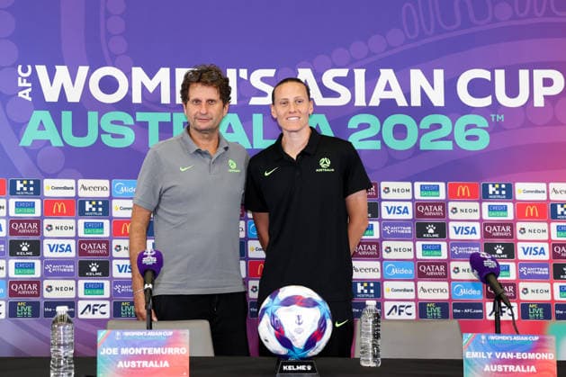 PERTH, AUSTRALIA - MARCH 16: Joseph Montemurro (L), head coach of Team Australia, and player Emily Van-Egmond attend a press conference, PK, Pressekonferenz before the AFC Women s Asian Cup Australia 2026 Semifinal game between China and Australia on March 16, 2026 in Perth, Australia.  Copyright: xWuxZhizhaox 111628558849