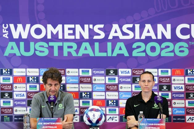 PERTH, AUSTRALIA - MARCH 16: Joseph Montemurro (L), head coach of Team Australia, and player Emily Van-Egmond attend a press conference, PK, Pressekonferenz before the AFC Women s Asian Cup Australia 2026 Semifinal game between China and Australia on March 16, 2026 in Perth, Australia.  Copyright: xWuxZhizhaox 111628558832