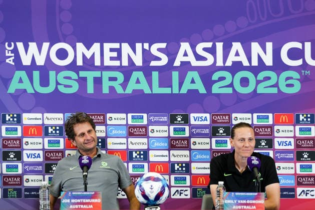 PERTH, AUSTRALIA - MARCH 16: Joseph Montemurro (L), head coach of Team Australia, and player Emily Van-Egmond attend a press conference, PK, Pressekonferenz before the AFC Women s Asian Cup Australia 2026 Semifinal game between China and Australia on March 16, 2026 in Perth, Australia.  Copyright: xWuxZhizhaox 111628558834