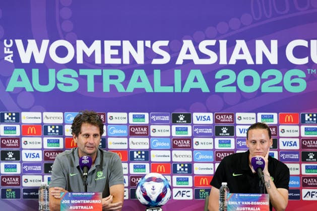 PERTH, AUSTRALIA - MARCH 16: Joseph Montemurro (L), head coach of Team Australia, and player Emily Van-Egmond attend a press conference, PK, Pressekonferenz before the AFC Women s Asian Cup Australia 2026 Semifinal game between China and Australia on March 16, 2026 in Perth, Australia.  Copyright: xWuxZhizhaox 111628558835