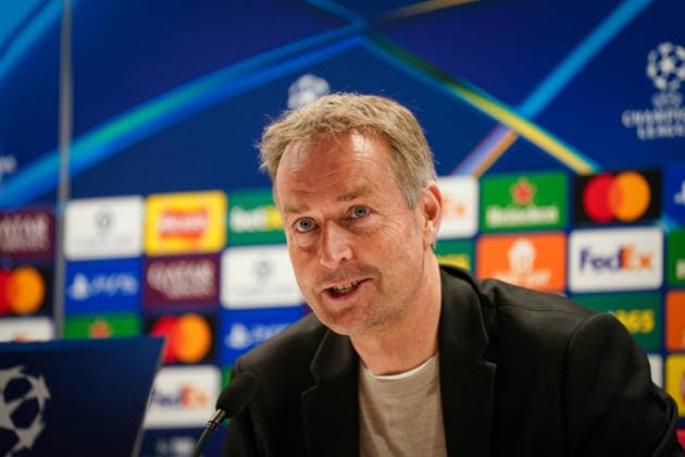England: Pressekonferenz mit Kasper Hjulmand (Trainer, Bayer 04 Leverkusen) und Exequiel Palacios (Bayer 04 Leverkusen, 25) vor dem UEFA Champions League 2025 - 2026, Achtelfinale (Rückspiel) FC Arsenal London vs Bayer 04 Leverkusen - Emirates Stadium (London): Copyright: xJOERANxSTEINSIEKx