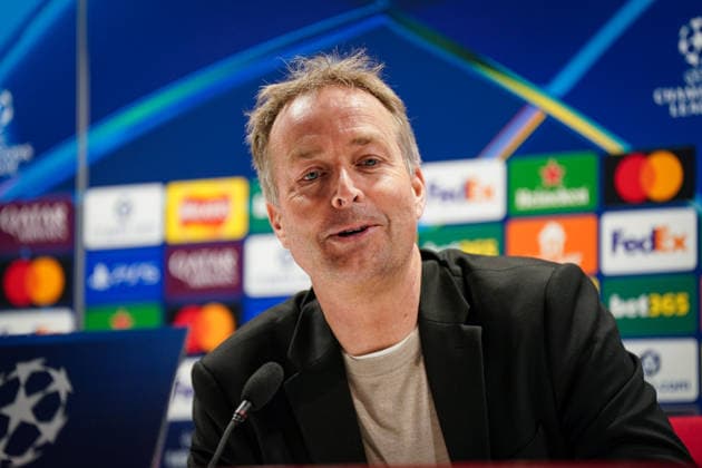 England: Pressekonferenz mit Kasper Hjulmand (Trainer, Bayer 04 Leverkusen) und Exequiel Palacios (Bayer 04 Leverkusen, 25) vor dem UEFA Champions League 2025 - 2026, Achtelfinale (Rückspiel) FC Arsenal London vs Bayer 04 Leverkusen - Emirates Stadium (London): Copyright: xJOERANxSTEINSIEKx