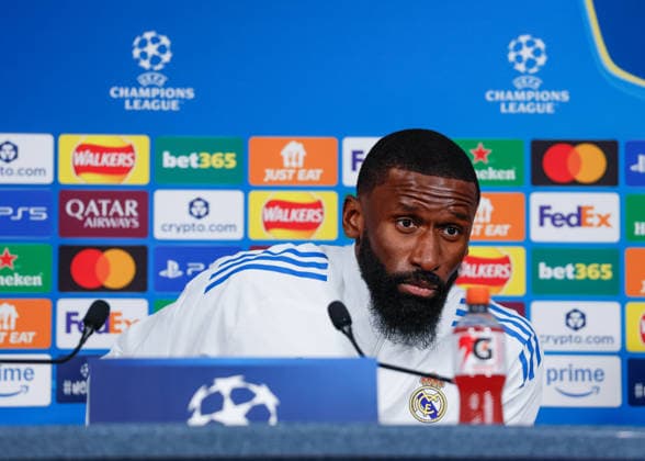 Antonio Rudiger of Real Madrid speaks with the press during the press conference, PK, Pressekonferenz training at the Academy Stadium, Manchester. Picture date: 16th March 2026. Picture credit should read: Cody Froggatt Sportimage EDITORIAL USE ONLY. No use with unauthorised audio, video, data, fixture lists, club league logos or live services. Online in-match use limited to 120 images, no video emulation. No use in betting, games or single club league player publications. SPI_001_CF_REAL_MADRID_PRESS SPI-4608-0001
