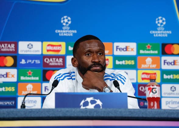 Antonio Rudiger of Real Madrid speaks with the press during the press conference, PK, Pressekonferenz training at the Academy Stadium, Manchester. Picture date: 16th March 2026. Picture credit should read: Cody Froggatt Sportimage EDITORIAL USE ONLY. No use with unauthorised audio, video, data, fixture lists, club league logos or live services. Online in-match use limited to 120 images, no video emulation. No use in betting, games or single club league player publications. SPI_004_CF_REAL_MADRID_PRESS SPI-4608-0004