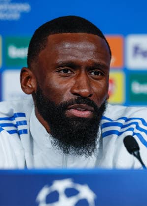 Antonio Rudiger of Real Madrid speaks with the press during the press conference, PK, Pressekonferenz training at the Academy Stadium, Manchester. Picture date: 16th March 2026. Picture credit should read: Cody Froggatt Sportimage EDITORIAL USE ONLY. No use with unauthorised audio, video, data, fixture lists, club league logos or live services. Online in-match use limited to 120 images, no video emulation. No use in betting, games or single club league player publications. SPI_006_CF_REAL_MADRID_PRESS SPI-4608-0006