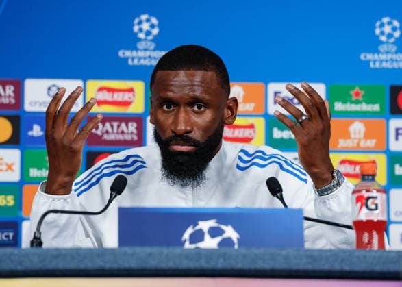 Antonio Rudiger of Real Madrid speaks with the press during the press conference, PK, Pressekonferenz training at the Academy Stadium, Manchester. Picture date: 16th March 2026. Picture credit should read: Cody Froggatt Sportimage EDITORIAL USE ONLY. No use with unauthorised audio, video, data, fixture lists, club league logos or live services. Online in-match use limited to 120 images, no video emulation. No use in betting, games or single club league player publications. SPI_008_CF_REAL_MADRID_PRESS SPI-4608-0008