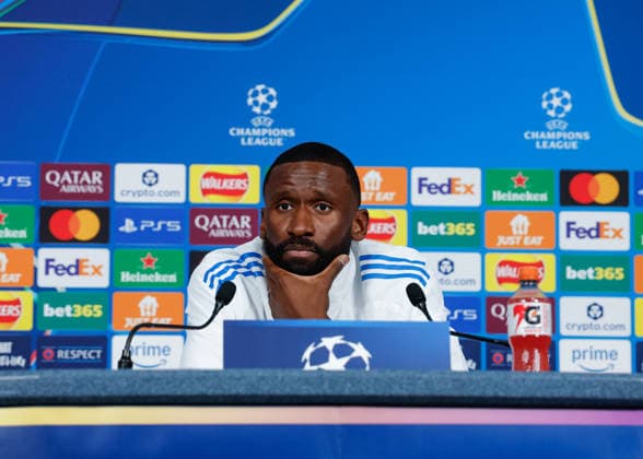 Antonio Rudiger of Real Madrid speaks with the press during the press conference, PK, Pressekonferenz training at the Academy Stadium, Manchester. Picture date: 16th March 2026. Picture credit should read: Cody Froggatt Sportimage EDITORIAL USE ONLY. No use with unauthorised audio, video, data, fixture lists, club league logos or live services. Online in-match use limited to 120 images, no video emulation. No use in betting, games or single club league player publications. SPI_012_CF_REAL_MADRID_PRESS SPI-4608-0012