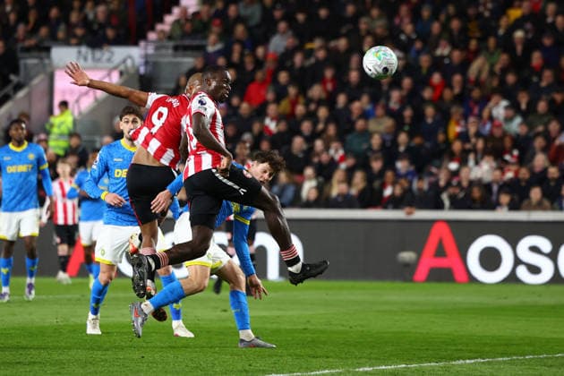 London, England, 16th March 2026. Michael Kayode of Brentford scores to make it 1-0 during the Brentford vs Wolverhampton Wanderers Premier League match at Gtech Community Stadium, London. Picture credit should read: Paul Terry Sportimage EDITORIAL USE ONLY. No use with unauthorised audio, video, data, fixture lists, club league logos or live services. Online in-match use limited to 120 images, no video emulation. No use in betting, games or single club league player publications. SPI_012_PT_Brentford_Wolves SPI-4606-0012