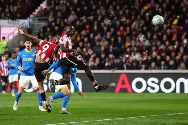 London, England, 16th March 2026. Michael Kayode of Brentford scores to make it 1-0 during the Brentford vs Wolverhampton Wanderers Premier League match at Gtech Community Stadium, London. Picture credit should read: Paul Terry Sportimage EDITORIAL USE ONLY. No use with unauthorised audio, video, data, fixture lists, club league logos or live services. Online in-match use limited to 120 images, no video emulation. No use in betting, games or single club league player publications. SPI_013_PT_Brentford_Wolves SPI-4606-0013