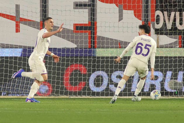 March 16, 2026, Cremona: ACF Fiorentina s Roberto Piccoli celebrates after scoring during the italian soccer,Serie A match between US Cremonese vs ACF Fiorentina on March 16, 2026 at the Giovanni Zini stadium in Cremona, Italy. ANSA . Serie A: Cremonese Vs Fiorentina  - ZUMAa110 20260316_zaf_a110_037 Copyright: xDavidexCasentinix