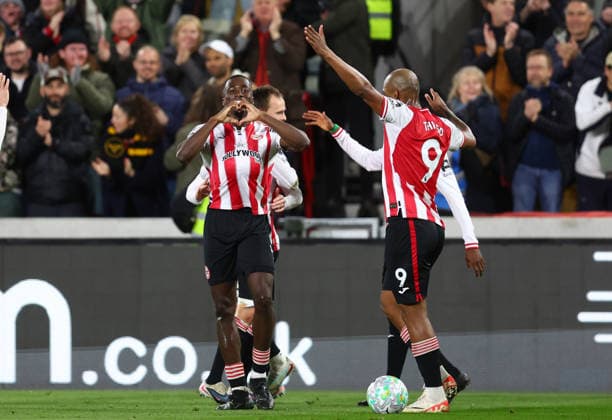 London, England, 16th March 2026. Michael Kayode of Brentford celebrates after scoring to make it 1-0 during the Brentford vs Wolverhampton Wanderers Premier League match at Gtech Community Stadium, London. Picture credit should read: Paul Terry Sportimage EDITORIAL USE ONLY. No use with unauthorised audio, video, data, fixture lists, club league logos or live services. Online in-match use limited to 120 images, no video emulation. No use in betting, games or single club league player publications. SPI_024_PT_Brentford_Wolves SPI-4606-0024