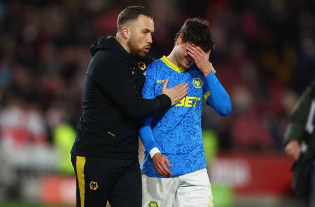 London, England, 16th March 2026. Hugo Bueno (R) of Wolverhampton Wanderers looks dejected after the Brentford vs Wolverhampton Wanderers Premier League match at Gtech Community Stadium, London. Picture credit should read: Paul Terry Sportimage EDITORIAL USE ONLY. No use with unauthorised audio, video, data, fixture lists, club league logos or live services. Online in-match use limited to 120 images, no video emulation. No use in betting, games or single club league player publications. SPI_043_PT_Brentford_Wolves SPI-4606-0043