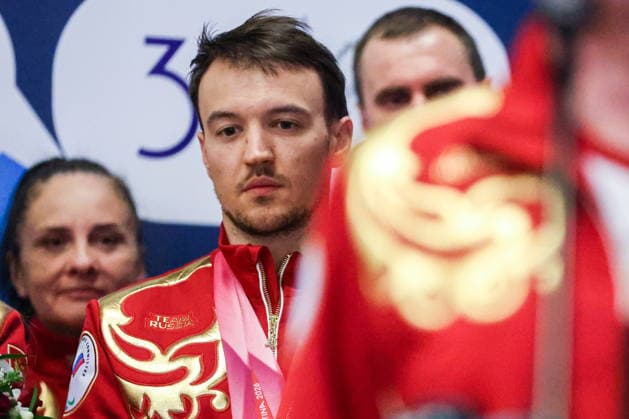 RUSSIA, MOSCOW - MARCH 17, 2026: Para alpine skier Alexei Bugayev is seen during a welcoming ceremony for Russian athletes returning home after the 2026 Winter Paralympic Games, at Moscow’s Vnukovo International Airport. The Russian team scored third in the overall medal standings, bringing home the total of 12 medals (8 gold, 1 silver and 3 bronze). Yevgeny Messman TASS  90153498