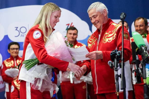 RUSSIA, MOSCOW - MARCH 17, 2026: President of the Russian Paralympic Committee Pavel Rozhkov (R) and para alpine skier Varvara Voronchikhina are seen during a welcoming ceremony for Russian athletes returning home after the 2026 Winter Paralympic Games, at Moscow’s Vnukovo International Airport. The Russian team scored third in the overall medal standings, bringing home the total of 12 medals (8 gold, 1 silver and 3 bronze). Yevgeny Messman TASS  90153399