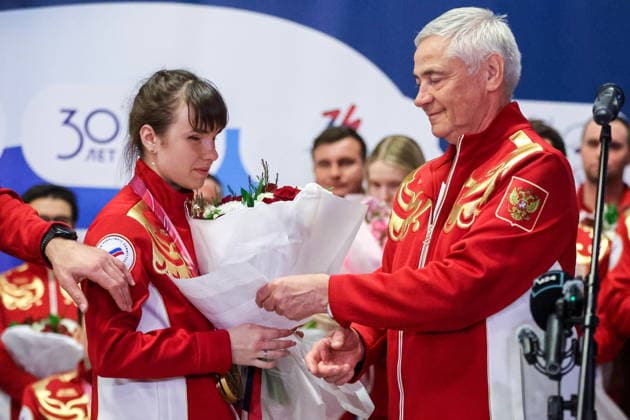 RUSSIA, MOSCOW - MARCH 17, 2026: President of the Russian Paralympic Committee Pavel Rozhkov (R) and para cross-country skier Anastasia Bagiian are seen during a welcoming ceremony for Russian athletes returning home after the 2026 Winter Paralympic Games, at Moscow’s Vnukovo International Airport. The Russian team scored third in the overall medal standings, bringing home the total of 12 medals (8 gold, 1 silver and 3 bronze). Yevgeny Messman TASS  90153390
