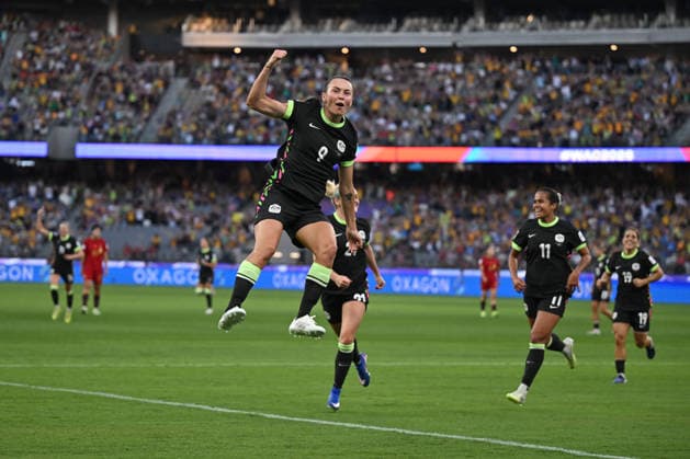 SOCCER ASIAN CUP WOMEN MATILDAS CHINA, Caitlin Foord of Australia celebrates after scoring a goal during the AFC Women s Asian Cup Semi Final 1 match between Australia and China at Optus Stadium in Perth, Tuesday, March 17, 2026. ( NO ARCHIVING, EDITORIAL USE ONLY Perth Western Australia Australia  Copyright: xDeanxLewinsx 20260317178920575213