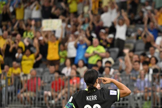 SOCCER ASIAN CUP WOMEN MATILDAS CHINA, Samantha Kerr of Australia celebrates after scoring a goal during the AFC Women s Asian Cup Semi Final 1 match between Australia and China at Optus Stadium in Perth, Tuesday, March 17, 2026. ( NO ARCHIVING, EDITORIAL USE ONLY Perth Western Australia Australia  Copyright: xDeanxLewinsx 20260317178028229223