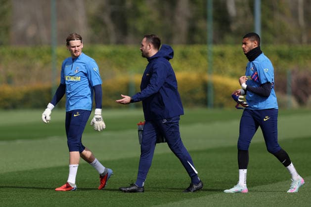 Tottenham Training 17 March 2026, Enfield - Tottenham Hotspur Training - Tottenham Hotspur goalkeepers Antonin Kinsky and Brandon Austin - Photo: Charlotte Wilson Offside. Enfield UK Copyright: xCharlottexWilsonx xOffsidexOffside
