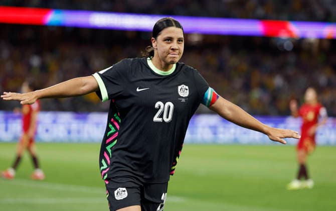 (260317) -- PERTH, March 17, 2026 -- Sam Kerr of Australia celebrates a goal during the semifinal of Women s Asian Cup between China and Australia at Perth Stadium in Perth, Australia, March 17, 2026. ) (SP)AUSTRALIA-PERTH-FOOTBALL-WOMEN S ASIAN CUP-SEMIFINAL-CHN VS AUS MaxPing 