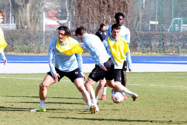DEU, DFL, 2. FBL Hertha BSC, Training, 17.03.2026, Hanns-Braun-Stadion, Berlin, DEU, DFL, 2. FBL Hertha BSC, Training, im Bild Fabian Reese (Hertha BSC Berlin 11), Diego Demme (Hertha BSC Berlin 6), Leon Jensen (Hertha BSC Berlin 5) DFL - regulations prohibit any use of Photographs as image sequences and or quasi-video