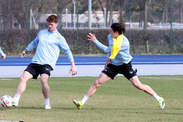 DEU, DFL, 2. FBL Hertha BSC, Training, 17.03.2026, Hanns-Braun-Stadion, Berlin, DEU, DFL, 2. FBL Hertha BSC, Training, im Bild Sebastian Groenning (Hertha BSC Berlin 17), Fabian Reese (Hertha BSC Berlin 11) DFL - regulations prohibit any use of Photographs as image sequences and or quasi-video